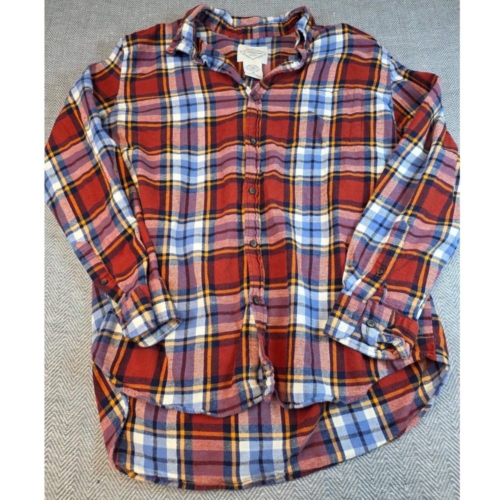 St Johns Bay Mens XL Red Blue Plaid Flannel Button Down Shirt 100% Cotton